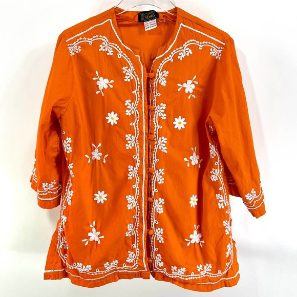 90s KAIL Vintage Orange Cotton Floral Embroidered Button Up Blouse - Picture 1 of 7